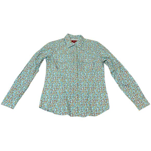 Panhandle Juniors Pearl Snap Shirt Turquoise Blue Floral Cactus Print Medium - Picture 11 of 12